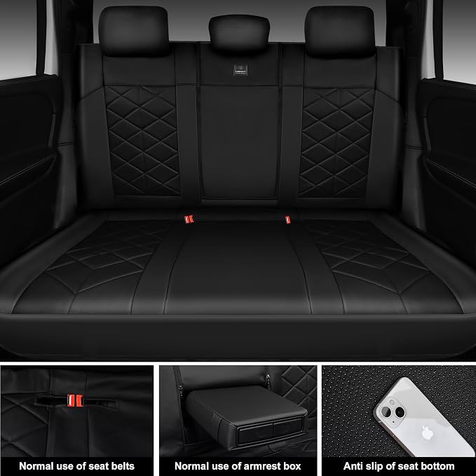 CAR PASS Memory Foam Leather Back Seat Cover, Luxury Breathable Perforated Nappa Leather Bench Rear Seat Cover, Thick 3D Foam Zipper Split Backseat Cover Universal Fit for Trucks, Sedans, SUV, Black