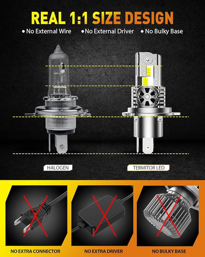 Termitor H4/9003/HB2 Motorcycle High/Low Beam Bulb, High-Output 6000K Cool White, 1:1 Halogen Size, Direct Plug & Play Installation, Pack of 1