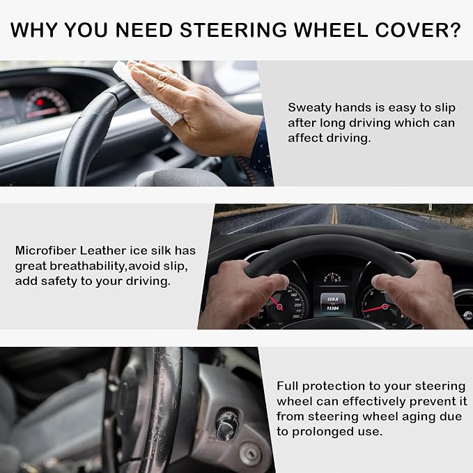 Black & White Nappa Leather Steering Wheel Cover, 14.5-15 inch Universal Car Steering Wheel Cover Non-Slip Breathable Absorbing Sweat Car Accessories