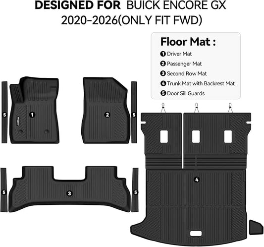 Floor Mats for Buick Encore GX 2020-2026(Only Fit FWD), Trunk Mat with Backrest Mat & Door Sill Guard All Weather TPE Protector for Buick Encore GX Accessories