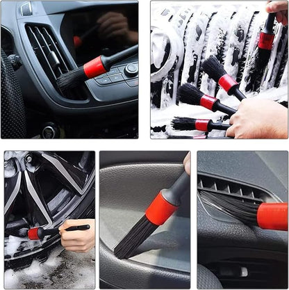 Nurkul 11Pcs Auto Detailing Set, Boar Hair Brushes, Steel Wire & A/C Brushes, Red, Soft Bristles, Wood Handles for Cleaning Interior, Exterior, Leather, 6 Sizes