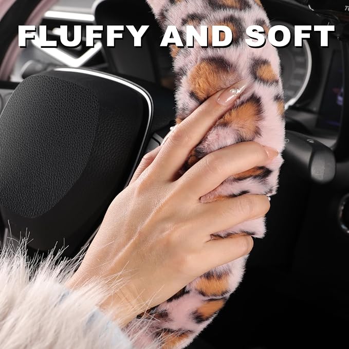 SEG Direct Furry Car Steering Wheel Cover with Gear Shift Cover, Soft and Warm, Cute Fluffy Auto Decor for Women Men, Standard Size, 2 PCS Set, Pink Leopard