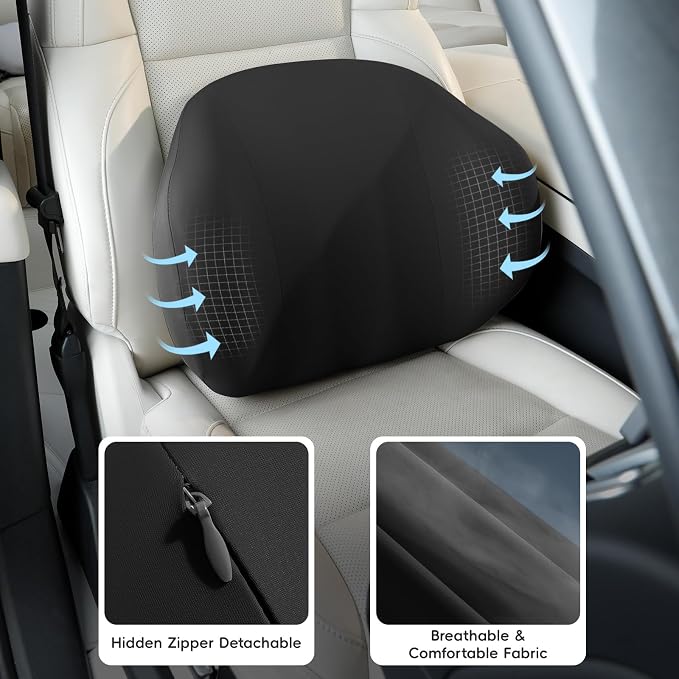 BEBAS Lumbar Support Pillow for Car & Office Chair - Ergonomic Memory Foam Back Cushion for Lower Back Pain Relief, Back Support, Removable Washable Cover, Ideal for Driving, Work, Travel - Black