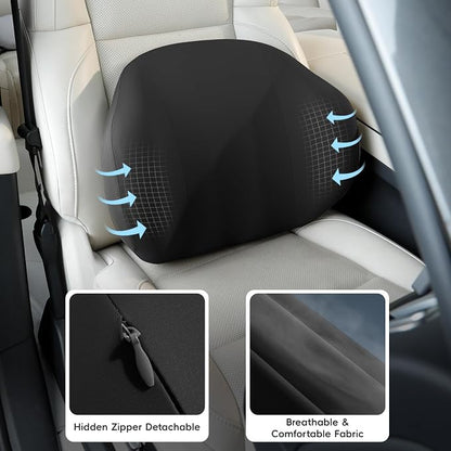 BEBAS Lumbar Support Pillow for Car & Office Chair - Ergonomic Memory Foam Back Cushion for Lower Back Pain Relief, Back Support, Removable Washable Cover, Ideal for Driving, Work, Travel - Black