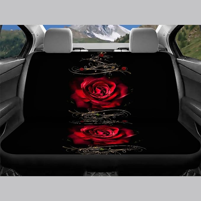 Red Rose Car Seat Covers Full Set,Vintage Floral Decorative Flower Print Vehicle Front Rear Bench Cushion Protectors for Women Men Auto Interior Accessories Universal Fit for Trucks Sedans