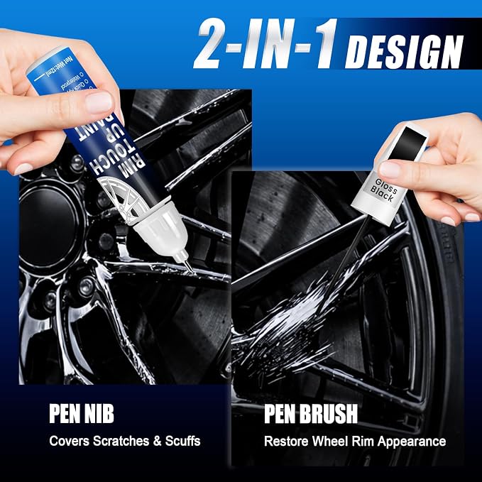 Gloss Black Rim Touch Up Paint, 2-in-1 Brush & Tip, 0.4 fl oz - Universal Black Rim Curb Rash Repair Kit for Scratches, Scuffs on Alloy/Metal Wheels, OEM Color Match, Quick-Dry & Long-Lasting