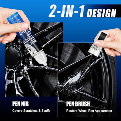 Gloss Black Rim Touch Up Paint, 2-in-1 Brush & Tip, 0.4 fl oz - Universal Black Rim Curb Rash Repair Kit for Scratches, Scuffs on Alloy/Metal Wheels, OEM Color Match, Quick-Dry & Long-Lasting