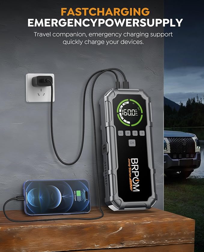 Jump Starter with Air Compressor, BRPOM 8000A Portable Car Jump Starter (All Petrol/12L Diesel), 160PSI 12V Battery Jump Starter Power Pack with Jump Clamps, LCD Screen, 600 Lumens Emergency Light
