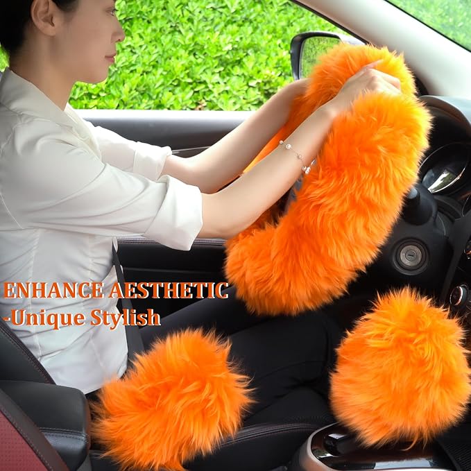 Fuzzy Genuine Sheepskin Steering Wheel Cover Set for Women Parents-Fluffy Soft Australian Merino Wool Wrap with Gear Shift and Hand Brake Covers, Cozy Stylish Luxury Car Accessories (Hot Pink)