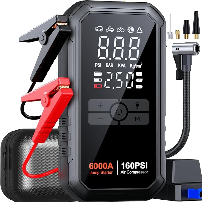 Portable 10-in-1 Car Battery Jump Starter with Air Compressor 6000A 160PSI Portable Car Jumper Starter (All Gas 12L Diesel), 12V Jump Box Car Battery Jump Starter Portable Jumper Cables, Lights