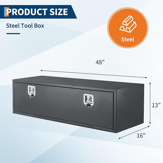 Black Steel Underbody Truck Box, Pickup Storage Box, Heavy Duty Diamond Plate Tool Box with Lock and Keys, Waterproof Trailer Storage Box (48" x 16" x 13"-Grey)