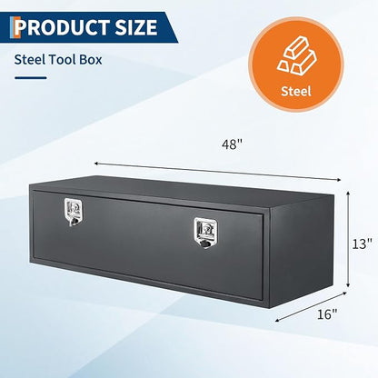 Black Steel Underbody Truck Box, Pickup Storage Box, Heavy Duty Diamond Plate Tool Box with Lock and Keys, Waterproof Trailer Storage Box (48" x 16" x 13"-Grey)