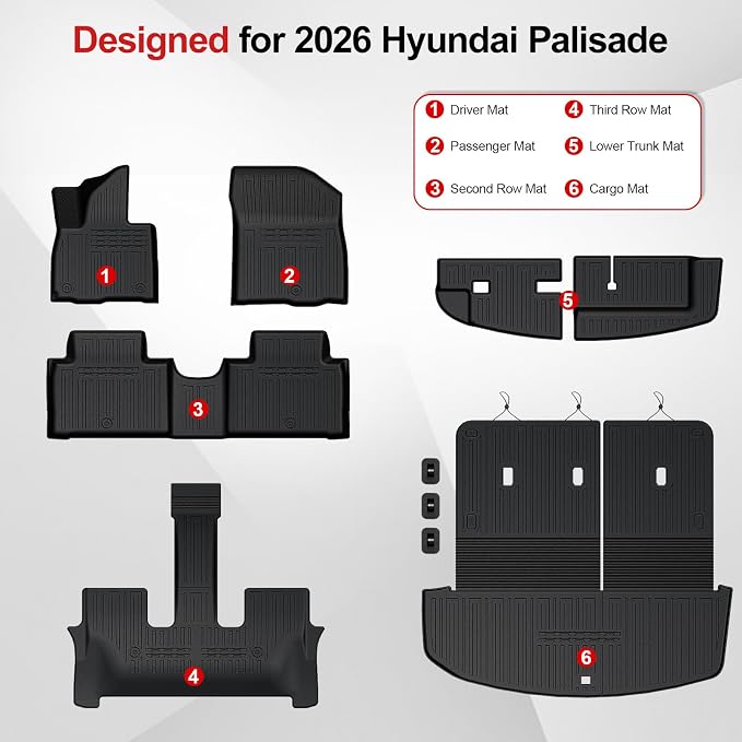 Floor Mats for 2026 Hyundai Palisade 7/8 Seat (Only Gas), All Weather TPE Black Cargo Mat with 3rd Seat Back Cover and Lower Trunk Mat for 2026 Hyundai Palisade Calligraphy Accessories