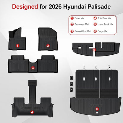 Floor Mats for 2026 Hyundai Palisade 7/8 Seat (Only Gas), All Weather TPE Black Cargo Mat with 3rd Seat Back Cover and Lower Trunk Mat for 2026 Hyundai Palisade Calligraphy Accessories