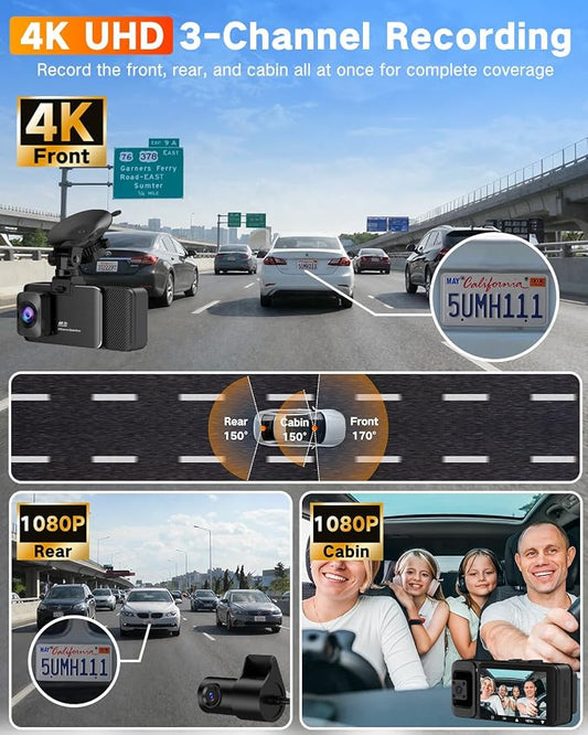 WECOOL 4K UHD 3 Channel Dash Cam Front and Rear Inside, Free 64GB Card Included, 360° Wide-Angle Full-View Dash Camera for Cars with Night Vision, 24H Parking Mode, G-Sensor, Loop Recording, 5GHz WiFi