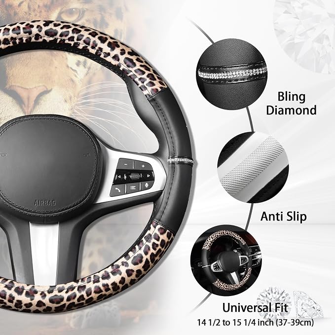 AUTOYOUTH Leopard Steering Wheel Cover - Bling Crystal Rhinestones Cheetah Print on Leather Non-Slip Breathable Design for Women/Girls Universal Fit 14.5-15 Inch(Black & Yellow)
