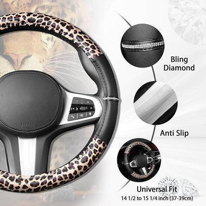 AUTOYOUTH Leopard Steering Wheel Cover - Bling Crystal Rhinestones Cheetah Print on Leather Non-Slip Breathable Design for Women/Girls Universal Fit 14.5-15 Inch(Black & Yellow)