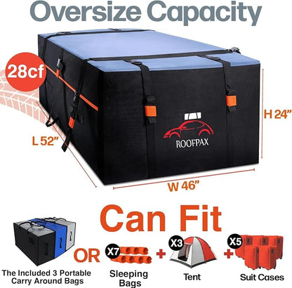 RoofPax XXL 28 cuft Car Rooftop Cargo Carrier Bag Extra Waterproof Car Roof Storage with 10 Heavy Duty Tie Down Straps and 4 Hooks Roof Bag Cargo Carrier for Top of Vehicle with/Without Rack