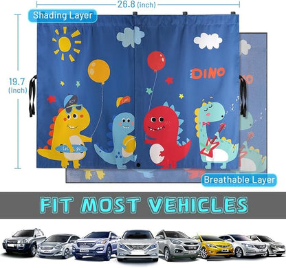 DIZA100 Car Window Shades, 2 PCS Magnetic Double Layer Sun Shade, Side Windows Privacy, Full Covers/Half Shade Options, Cute Dinosaurs, Compatible with Car, SUV, Minivan