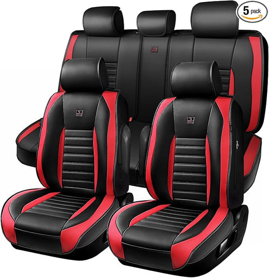CAR PASS Nappa Leather Car Seat Covers Full Set, Luxury Seat Protector for Cars, Waterproof Anti-Slip Seat Cushion Armrest Compatible Airbag Universal for Sedan SUV Pick-up Truck Auto, Black Red