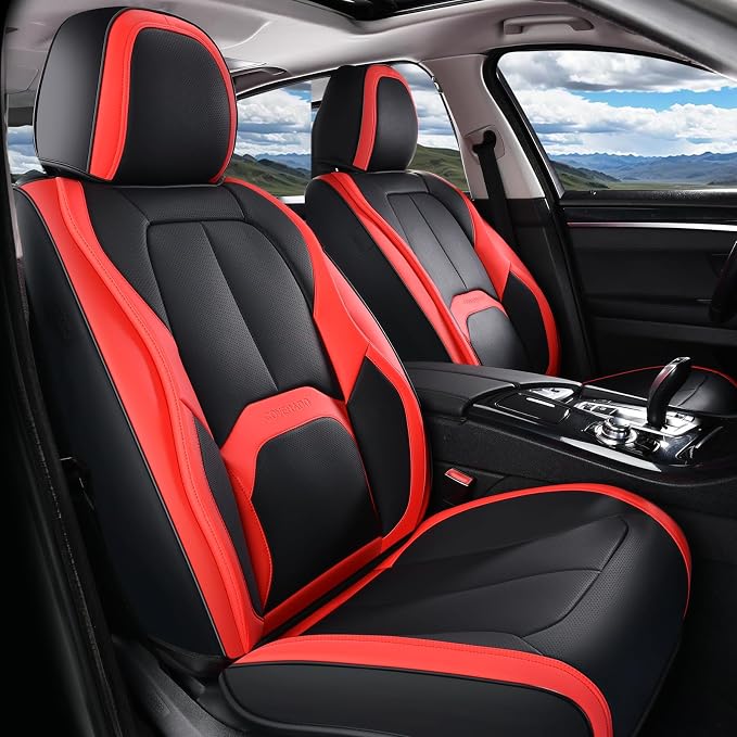 Coverado Seat Covers, Car Seat Covers Front Seats, 2 Pack Black and Red Leather Seat Covers, Waterproof Car Seat Protector with Lumbar Support, Front Seat Covers Universal Fit for Most Cars