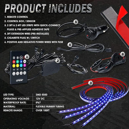 Car Underglow Kit, Xprite 4 Pcs Car Underglow Neon Accent Strip Lights 8 Color 252 LEDs RGB Sound Music Function with APP & Remote Control Underbody Light Strips for SUV Truck w/6FT Extension Wire