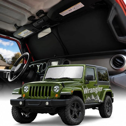 [2026 Upgraded] Weektic Windshield Sun Shade for Jeep Wrangler 2008-2014 2015 2016 2017 2018, 5-Laer Ice Crystal Reflective & Heat Insulating Sunshade for Car Windshield | Silver Foldable Sun Blocker