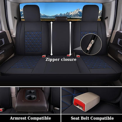 Coverado Car Seat Covers Full Set, Leather RAM 1500 Seat Covers Protectors Compatible with 2002-2026 Dodge RAM 1500 2500 3500 Crew Double Mega Quad Cab with Flat Bench, Black&Blue line