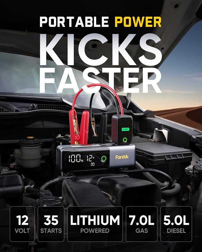 Fanttik Potent T10 1800A Portable Jump Starter, 12000mAh Power Bank, 12V Safe Lithium Jump Box with Smart SenseClamp, Retractable Charging Cable, Battery Booster for 7.0L Gas and 5.0L Diesel Engines