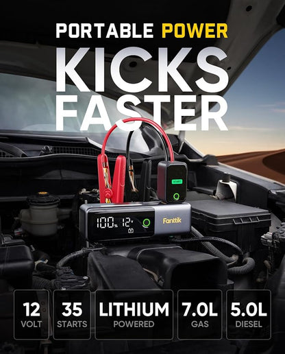 Fanttik Potent T10 1800A Portable Jump Starter, 12000mAh Power Bank, 12V Safe Lithium Jump Box with Smart SenseClamp, Retractable Charging Cable, Battery Booster for 7.0L Gas and 5.0L Diesel Engines