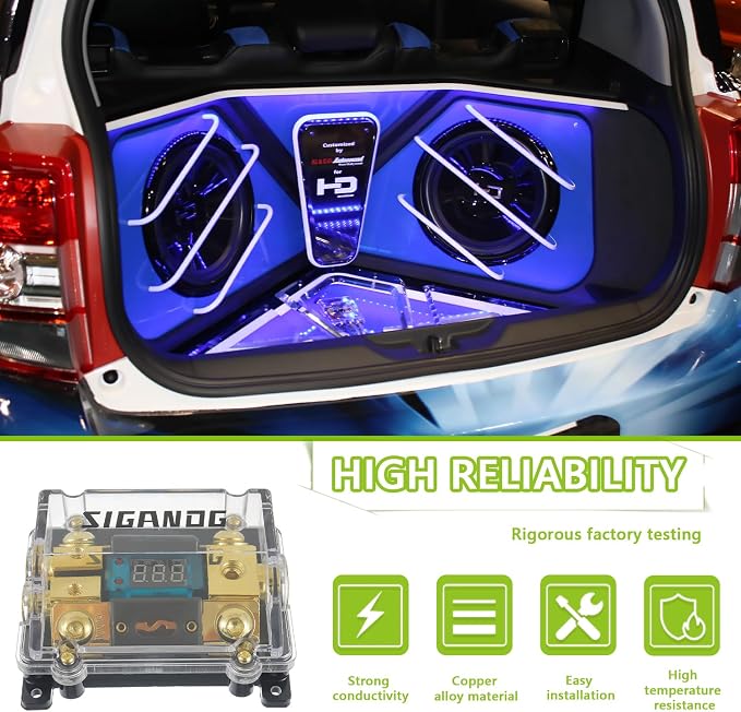 Car Audio Digital LED Voltage Display, ANL Fuse Holder Distribution Block 1 in 2 Out, with 2 Fuses and 2 Hexagon Wrench, Suitable for Car and Yacht Audio