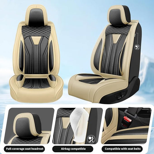 Fit Wagoneer Car Seat Covers for Jeep Wagoneer 2022-2025 2026 -Full Set Premium Leather, Waterproof & Breathable，All-Weather Seat Cushion Protecto & Airbag Compatible, 2 Front Seat Beige&Black