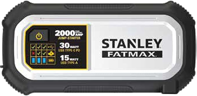 STANLEY FatMax LJ20F 2000 Peak Amp Lithium Jump Starter, 30 Watt USB-C PD, 15 Watt USB-A, Smart Controller and Battery Clips