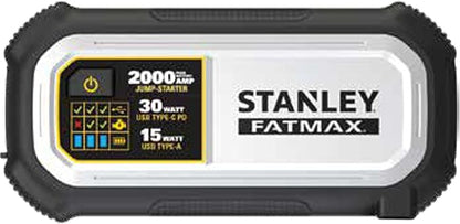 STANLEY FatMax LJ20F 2000 Peak Amp Lithium Jump Starter, 30 Watt USB-C PD, 15 Watt USB-A, Smart Controller and Battery Clips