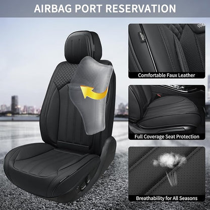 Leather Seat Covers for Cars, 2Pcs Universal Front Automotive Seat Covers, Full Coverage Waterproof Car Seat Covers for Most Trucks, SUVs, Sedans, Luxury Breathable Auto Seat Cover, Black