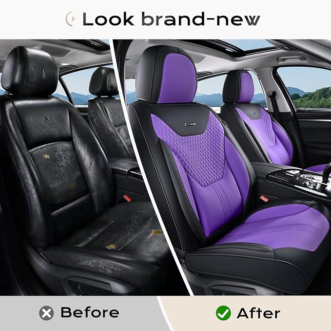 Coverado Car Seat Covers Full Set, Front Seat Covers with Lumbar Support and Back Seat Cover Waterproof Leather Automotive Seat Cover, Universal Car Interior Protectors Cushion for Most Cars