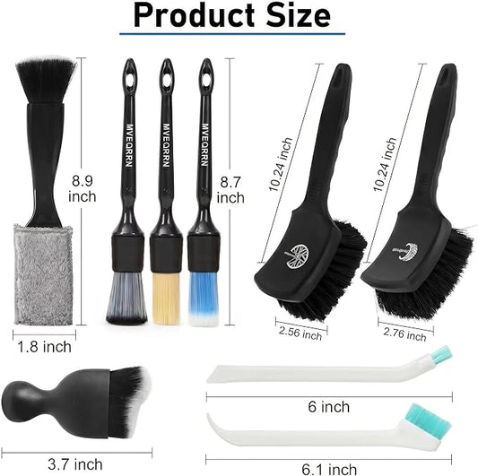 MVEQRRN 9PCS Car Detailing Brushes Set, Boar Hair Detail Brushes,Car Detailing Wheel Kit (Black) | Soft & Stiff Bristle Detail Brush, Scratch-Free Rim & Tire Cleaning Kit, Interior & Exterior Wheel Brush for Cars,Trucks,SUV