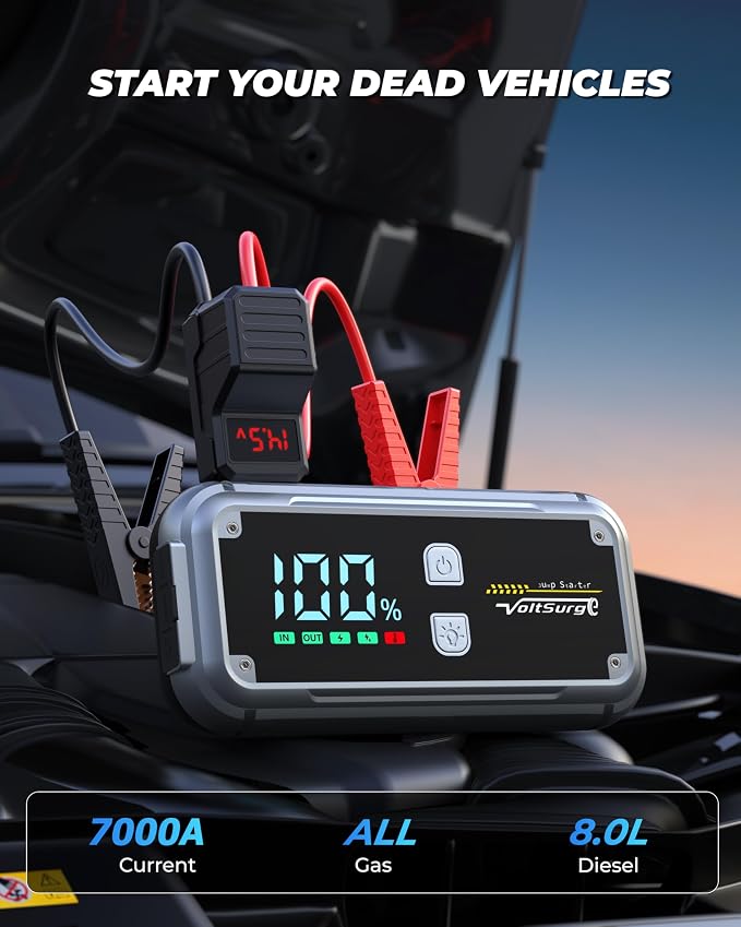 7000A Jump Starter Pack for Car, 12V Portable Jumper Starter (up to All Gas 8.0L Diesel Engine) with LCD Display, Jump Box Charger with Lithium Battery, QC3.0 & 4 LED Light Modes