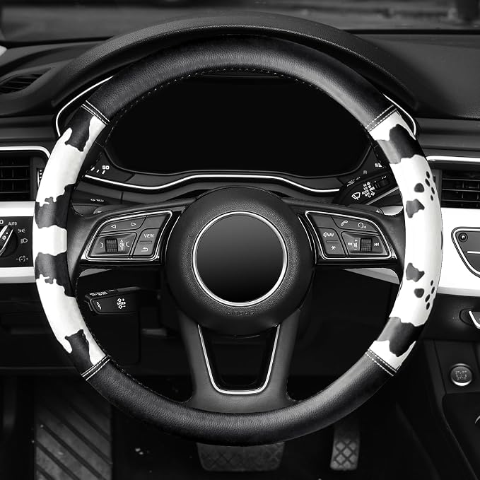 ZHOL Cow Print Steering Wheel Cover, Universal Fit 14.5-15 inch Premium Microfiber Leather Steering Wheel Protector for Cars/Trucks/SUVs, Non-Slip, Heat-Resistant, Easy Install, Black