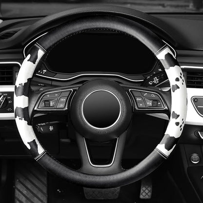 ZHOL Cow Print Steering Wheel Cover, Universal Fit 14.5-15 inch Premium Microfiber Leather Steering Wheel Protector for Cars/Trucks/SUVs, Non-Slip, Heat-Resistant, Easy Install, Black