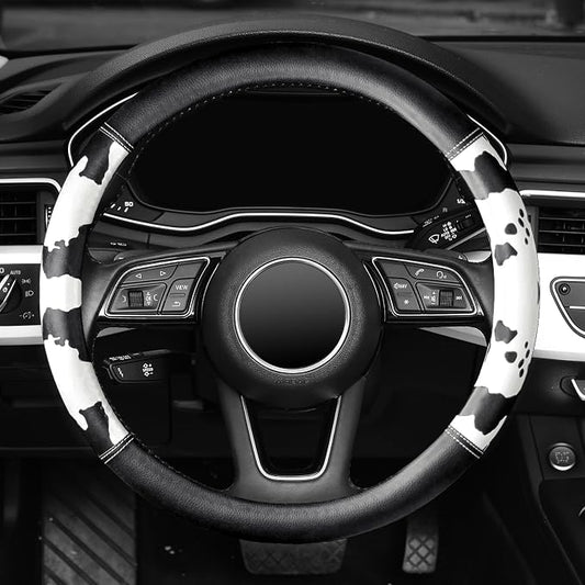 ZHOL Cow Print Steering Wheel Cover, Universal Fit 14.5-15 inch Premium Microfiber Leather Steering Wheel Protector for Cars/Trucks/SUVs, Non-Slip, Heat-Resistant, Easy Install, Black