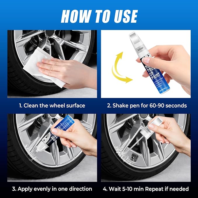 Silver Rim Touch Up Paint, 2-in-1 Brush & Tip, 0.4 fl oz - Universal Silver Rim Curb Rash Repair Kit for Scratches, Scuffs Alloy/Metal Wheels, OEM Color Match, Quick-Dry & Long-Lasting