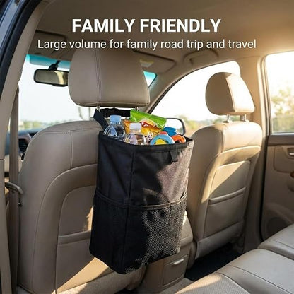 3.5 Gallon Leak-Proof Car Trash Can with Hook and Loop Lid and Handle, Waterproof Portable Hanging Auto Garbage Bag, Large Capacity Waste Bin for SUV, Truck, RV, Camping & Office (Black)