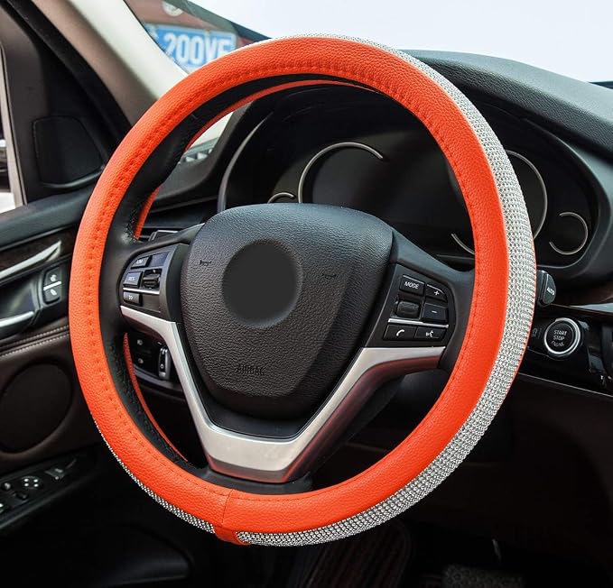 New Diamond Leather Steering Wheel Cover with Bling Bling Crystal Rhinestones, Universal Fit 15 Inch Car Wheel Protector for Women Girls Orange
