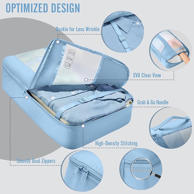 Veken 8 Set Packing Cubes for Travel Essentials,Anti-Wrinkle Buckled Suitcase Organizer for Shoe & Toiletry Bag,Carry On Luggage Bag with 99+ Count Mesh Holes for Airplane & College Dorm Accessories