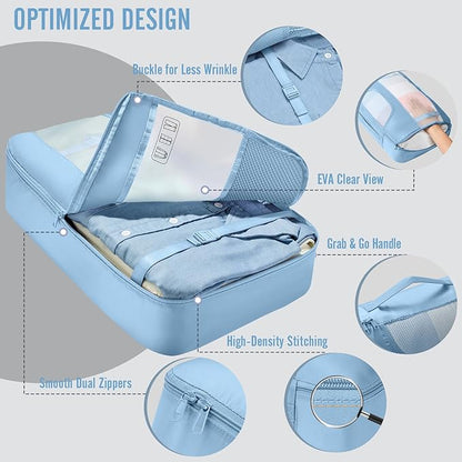 Veken 8 Set Packing Cubes for Travel Essentials,Anti-Wrinkle Buckled Suitcase Organizer for Shoe & Toiletry Bag,Carry On Luggage Bag with 99+ Count Mesh Holes for Airplane & College Dorm Accessories