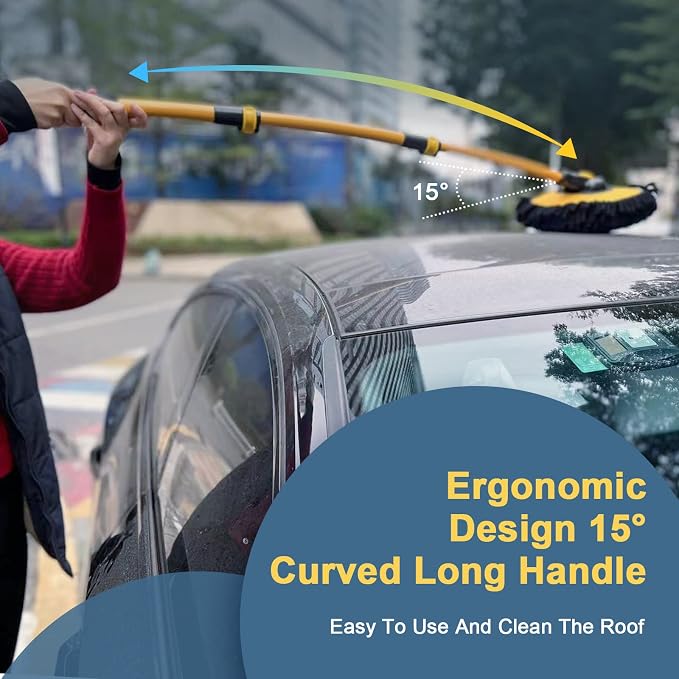 YeewayVeh Car Wash Brush Mop with Long Handle, Car Wash Kit with 2 Chenille Mop Heads, 15° Curved Extension Pole Scratch-Free Microfiber Mitt Sponge Car Cleaning Supplies Accessories, Yellow/Black