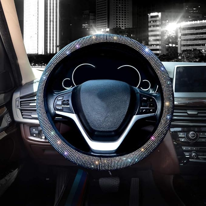 Valleycomfy Steering Wheel Cover for Women Men Bling Bling Crystal Diamond Sparkling Car SUV Wheel Protector Universal Fit 15 Inch (Black with Colorful Diamond,Standard Size(14" 1/2-15" 1/4))