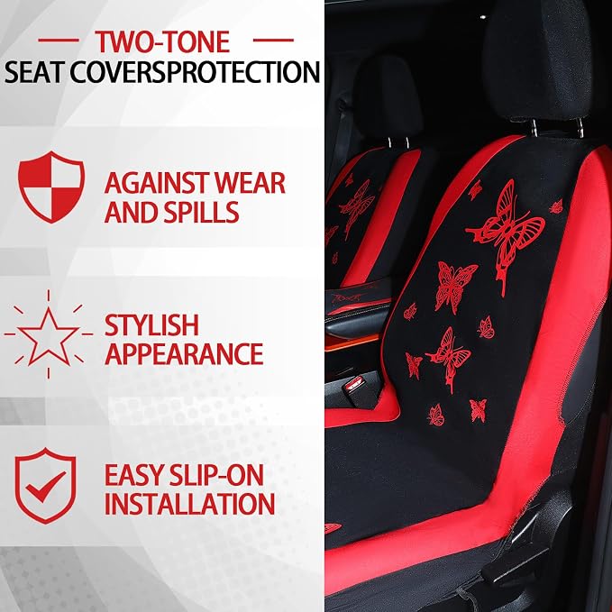 BBTO 43 Pcs Butterfly Car Seat Full Set Butterfly Car Accessories for Women 5 Front Rear Seat Covers Wrist Strap 2 Pcs Cup Mat Armrest Pad 2 Belt Xmas Cover Accessories for SUV(Red, Black)