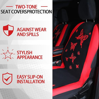 BBTO 43 Pcs Butterfly Car Seat Full Set Butterfly Car Accessories for Women 5 Front Rear Seat Covers Wrist Strap 2 Pcs Cup Mat Armrest Pad 2 Belt Xmas Cover Accessories for SUV(Red, Black)